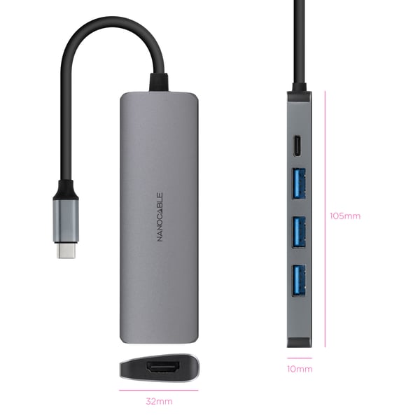 Nanocable 10.16.4605 kannettavien tietokoneiden telakka ja porttitoistin Langallinen USB 3.2 Gen 1 (3.1 Gen 1) Type-C Harmaa