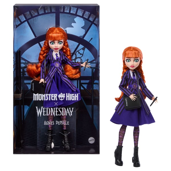 Monster High x Wednesday-samlardocka, Agnes DeMille med lila uniform och tillbehör