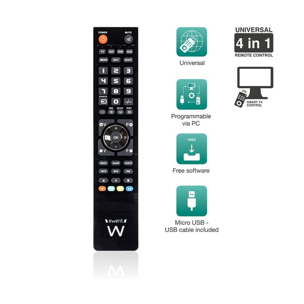 Ewent EW1570 fjernbetjening DTT, DVD/Blu-ray, Projektør, SAT, STB, Soundbar højttaler, TV, Universel, VCR Tryk på knapper