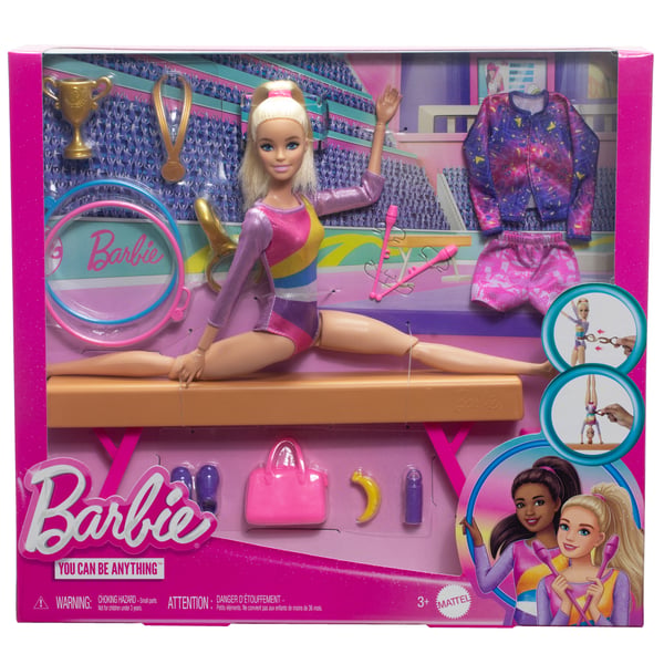 Barbie Gymnastiklegesæt med lyshåret modedukke, balancebom, over 10 stk. tilbehør og saltomortalefunktion