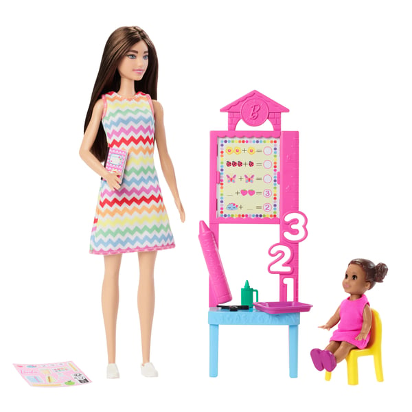 Barbie Ruskeahiuksinen -opettajanukke, yksi lapsinukke ja opetustarvikkeita