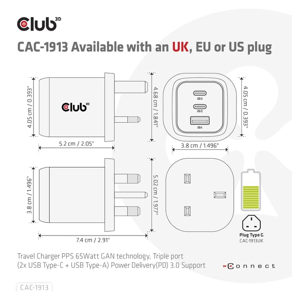 CLUB3D Travel Charger PPS 65Watt GAN technology, Triple port (2x USB Type-C + USB Type-A) Power Delivery(PD) 3.0 Support