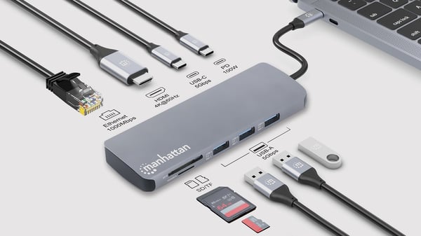 Manhattan 190459 kannettavien tietokoneiden telakka ja porttitoistin Langallinen USB 3.2 Gen 1 (3.1 Gen 1) Type-C Harmaa