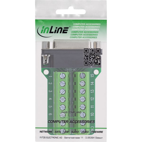 InLine 92502A kabelkontakter Terminal block / D-Sub 15 Svart, Grön