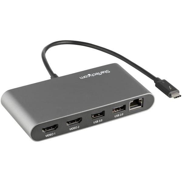 StarTech.com Thunderbolt Mini-dockningsstation för dubbla bildskärmar, 4K 60 Hz HDMI, drivrutinsfri hubb för Windows och Mac, Gigabit Ethernet, 1x USB-A (5 Gbps) & 1x USB 2.0, 28 cm kabel