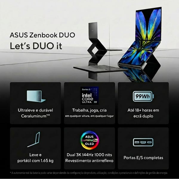 ASUS Zenbook Duo UX8407AA-U93BOHDCP1 Copilot+ PC Intel Core Ultra 9 386H Hybrid (2-i-1) 35,6 cm (14") Berøringsskærm WQXGA+ 32 GB LPDDR5x-SDRAM 1 TB SSD Wi-Fi 7 (802.11be) Windows 11 Pro Grå QWERTY Portugisisk