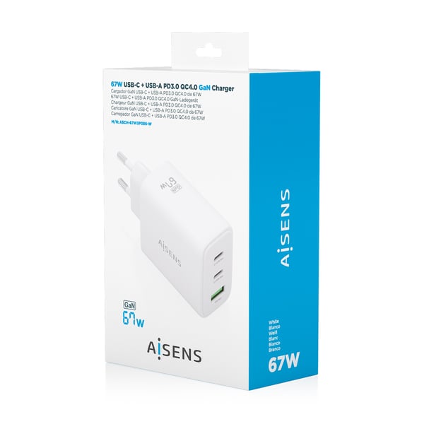 AISENS ASCH-67W3P086-W mobiililaitteen laturi Matkapuhelin, Älypuhelin, Digitaalikamera, Universaali, Tabletti, MP3, MP4, GPS, Kannettava pelikonsoli Valkoinen AC Pikalataus Sisätila