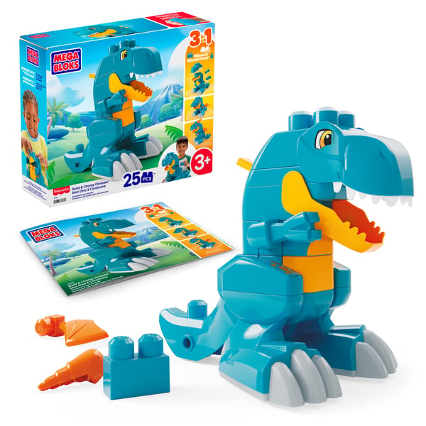 MEGA BLOKS Fisher-Price Bygg och tugga-dinosaurie, T-Rex-leksak med klossar och rullande hjul (25 delar) för barn