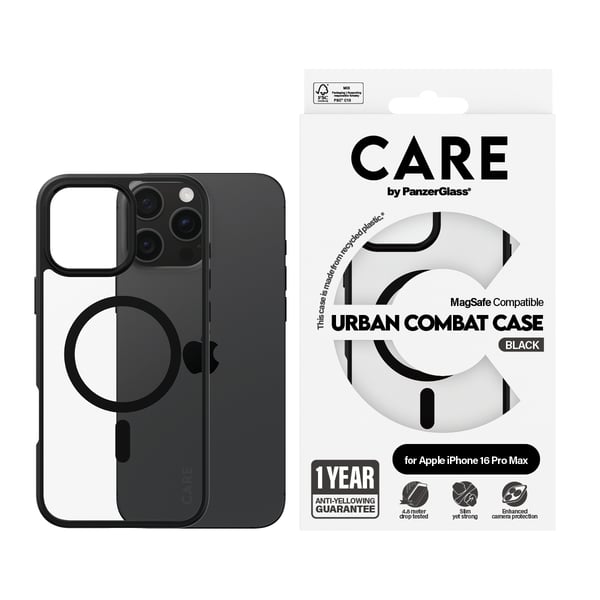 PanzerGlass CARE™ by ® Urban Combat Case Transparent w. Black Frame & MagSafe iPhone 16 Pro Max matkapuhelimen suojakotelo Suojus Musta
