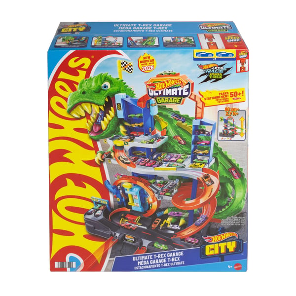 Hot Wheels City Det ultimata T-Rex-garaget med 2 leksaksbilar och förvaring av över 50 bilar, tävla och utför stunttrick, dinosauriefiende
