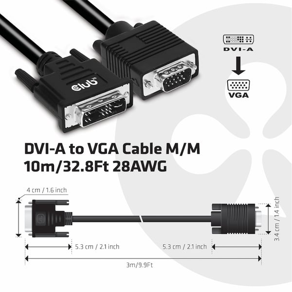CLUB3D DVI-A TO VGA CABLE M/M 3m/ 9.8ft 28 AWG Musta