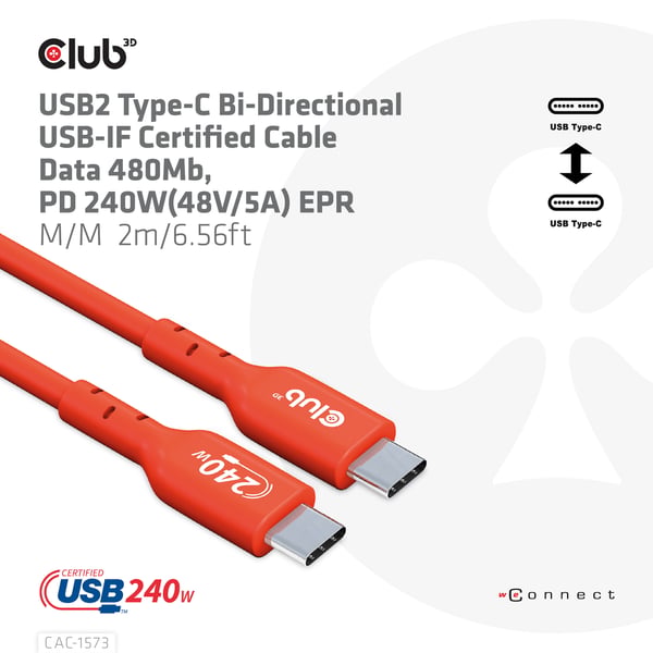 CLUB3D CAC-1573 USB-kaapeli USB 2.0 2 m USB C 0,48 Gbit/s 240 W Punainen