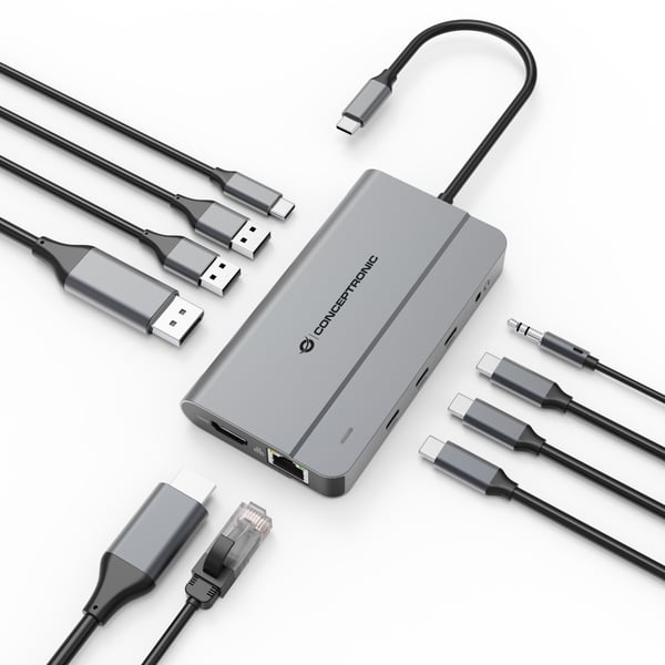Conceptronic DONN34G kannettavien tietokoneiden telakka ja porttitoistin Langallinen USB 3.2 Gen 2 (3.1 Gen 2) Type-C Harmaa