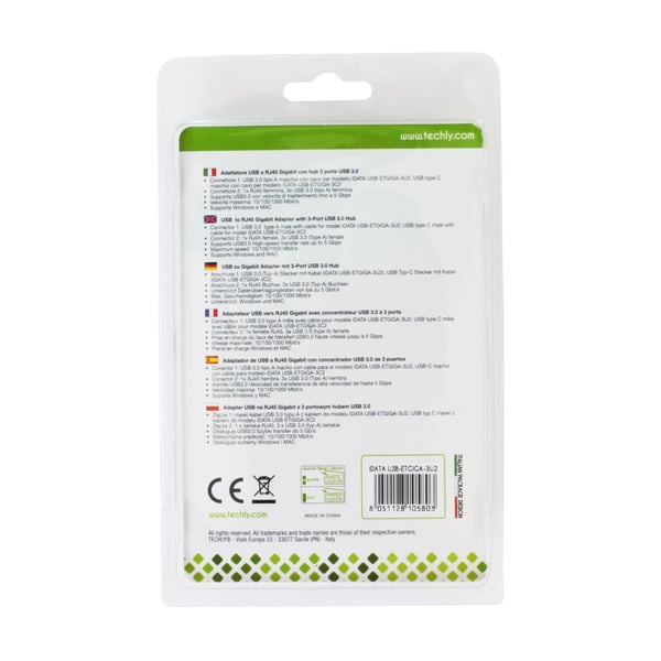 Techly IDATA USB-ETGIGA-3U2 kannettavien tietokoneiden telakka ja porttitoistin USB 3.2 Gen 1 (3.1 Gen 1) Type-A Musta