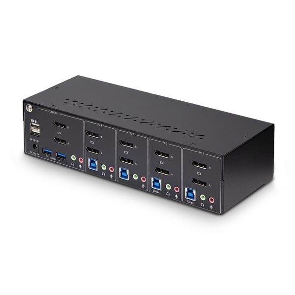 StarTech.com DisplayPort KVM-switch med fyra portar för dubbla bildskärmar, 4K 60 Hz, 2x USB 5 Gbps-hubbportar, 2x USB 2.0 HID-portar, växling med genvägskommando och tryckknapp, TAA-kompatibel - ESD-skydd på nivå 3.5