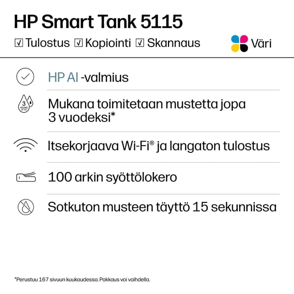 HP Smart Tank 5115 Langaton All-in-One Väri Tulostin, Up to 2 Years of ink included; Two-sided printing; Copier, Scanner