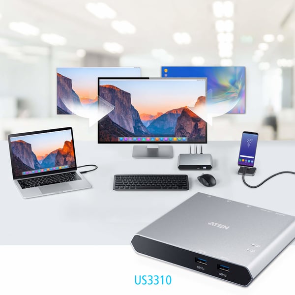 ATEN 2-portars USB-C Gen1-kopplingsswitch med Power Pass-through