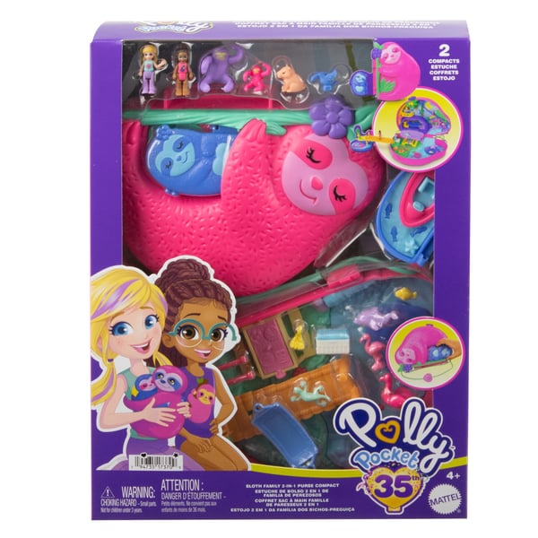 Polly Pocket Polly Pocket-dukker og -legesæt, rejselegetøj, 2 i 1-dovendyrsfamilie-æske og -taske