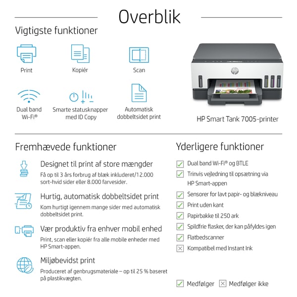 HP Smart Tank 7005 Trådløst All-in-One Farve Printer, Tosidet print; Kopimaskine, scanner