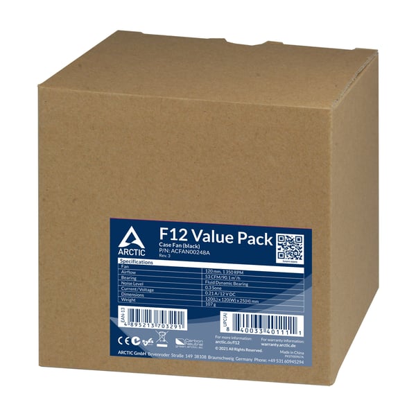 Arctic F12 - Rev 3 - Chassifläkt - 120 mm - Svart (5-pack)