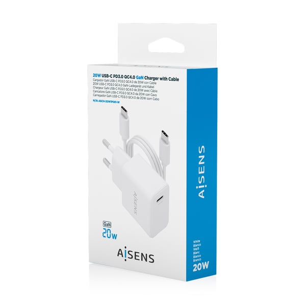 AISENS ASCH-20W1P081-W mobiililaitteen laturi Matkapuhelin, Älypuhelin, Digitaalikamera, Universaali, Tabletti Valkoinen AC Pikalataus Sisätila