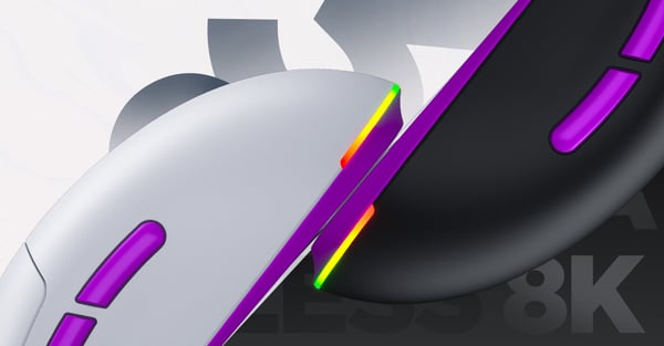 HATOR Quasar 3 Ultra 8K+8K Wireless gamingmus, 2.4 GHz + Bluetooth + USB, Optical 100M Switches, PixArt PAW3950, RGB, Web SyncHUB™, Vit-violett