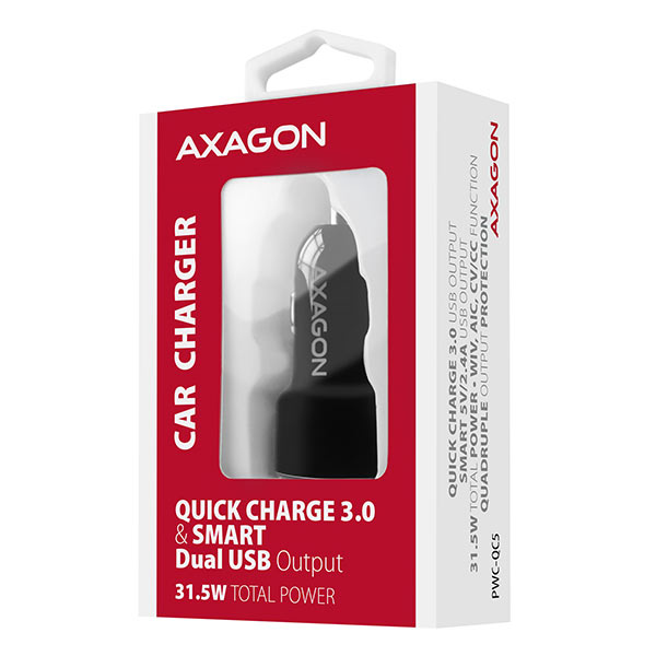 Axagon PWC-QC5 oplader til mobil enhed Mobiltelefon, Smartphone, Tablet, Universel Sort Cigartænder Hurtig opladning Automatisk