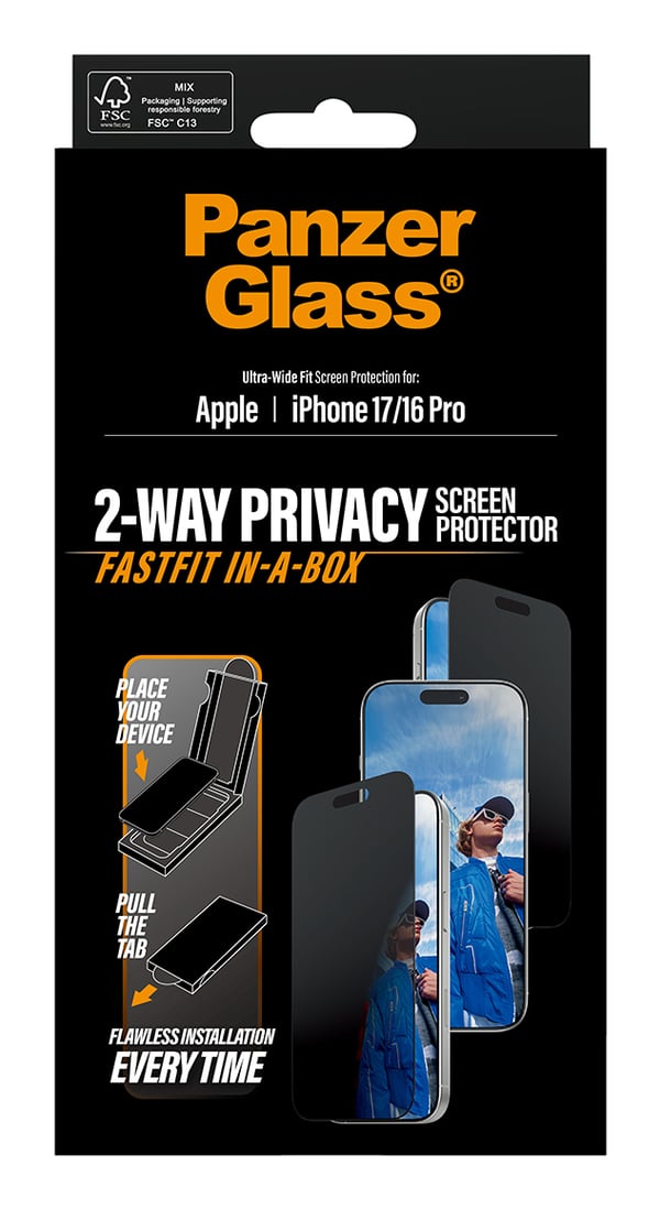 PanzerGlass ® 2-Way Privacy Screen Protector iPhone 17 | iPhone 16 Pro | Ultra-Wide Fit w. Fastfit in-a-box Genomskinligt skärmskydd Apple 1 styck