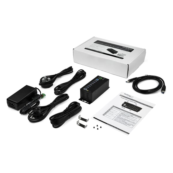 StarTech.com USB 3.0-hubb med 7 portar och nätadapter - Industriell USB-A-hubb i metall med ESD- och 350 W överspänningsskydd - Monterbar på DIN-skena/vägg/skrivbord - Höghastighets USB 3.2 Gen 1 (5Gbps)-hubb