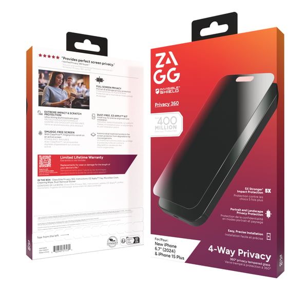 ZAGG InvisibleShield Glass Elite Privacy 360 - privatlivsglas til iPhone 15 Plus / 16 Plus (4 retninger)