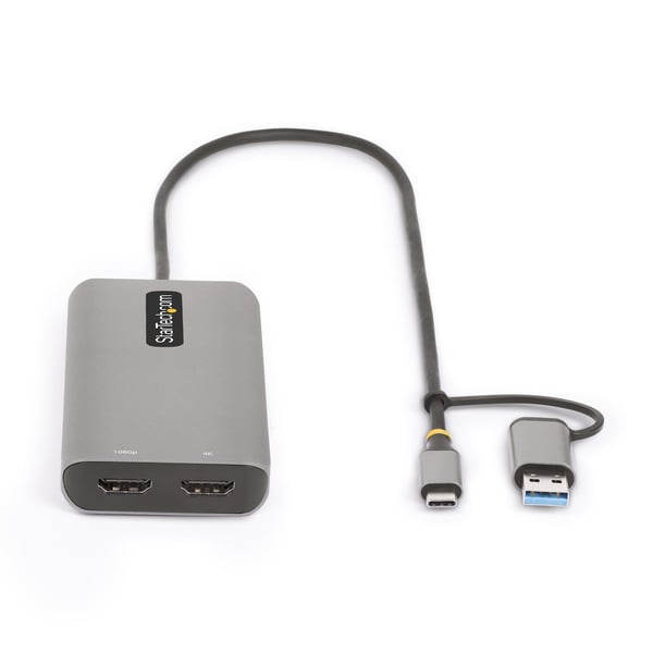 StarTech.com USB-C -moniporttisovitin, jossa kiinteä USB-C–USB-A-dongle, kaksi HDMI-liitäntää (4K30Hz/1080p60Hz)