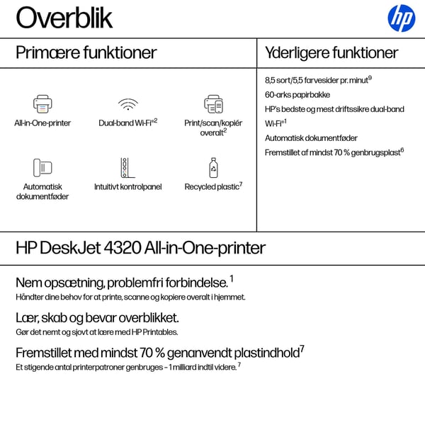 HP DeskJet 4320 Trådløst All-in-One Farve Printer, Instant Ink