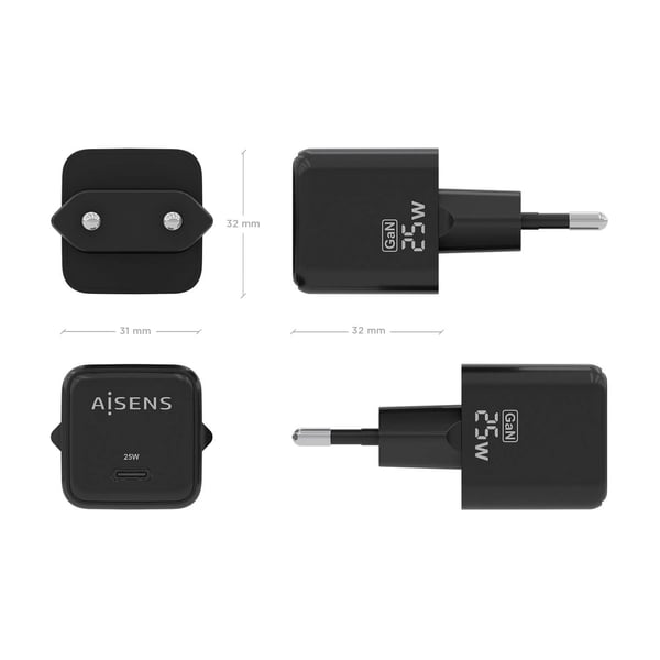 AISENS ASCH-25W1P013-BK oplader til mobil enhed Universel Sort Vekselstrøm Hurtig opladning Indendørs