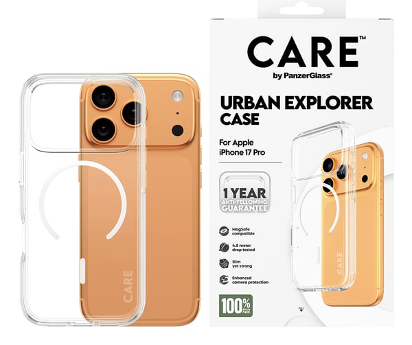 PanzerGlass CARE™ by ® Urban Explorer Case Transparent w. White MagSafe iPhone 17 Pro matkapuhelimen suojakotelo Suojus Läpinäkyvä