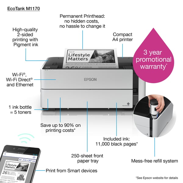 Epson EcoTank M1170 mustesuihkutulostin 1200 x 2400 DPI A4 Wi-Fi
