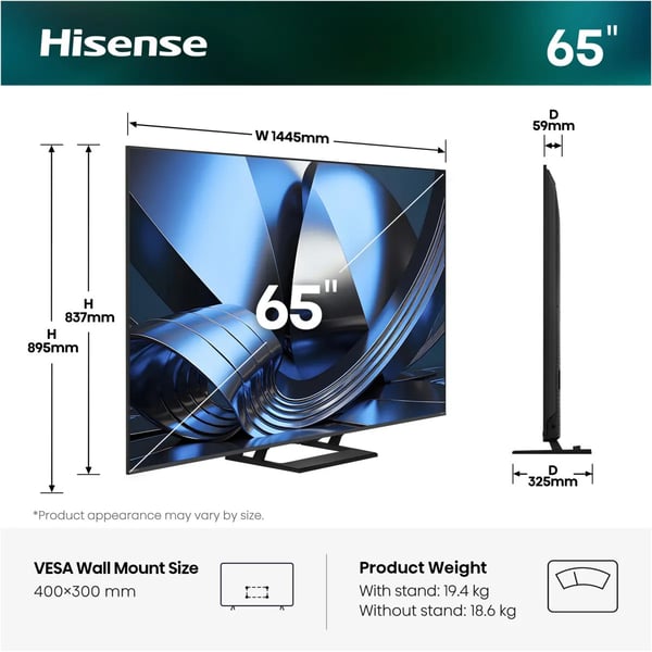Hisense 65U7SE 165,1 cm (65") 4K Ultra HD Smart TV Wi-Fi Sort