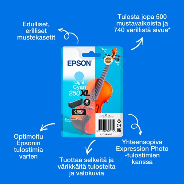 Epson Yksittäispakkaus, vaalea syaani 250XL Viulu Claria Photo HD -muste