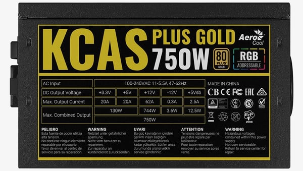 Aerocool KCAS PLUS GOLD 750W strömförsörjningsenheter 20+4 pin ATX Svart