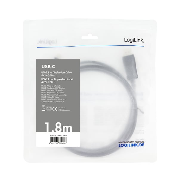 LogiLink UA0335 videokaapeli-adapteri 1,8 m USB Type-C DisplayPort Musta