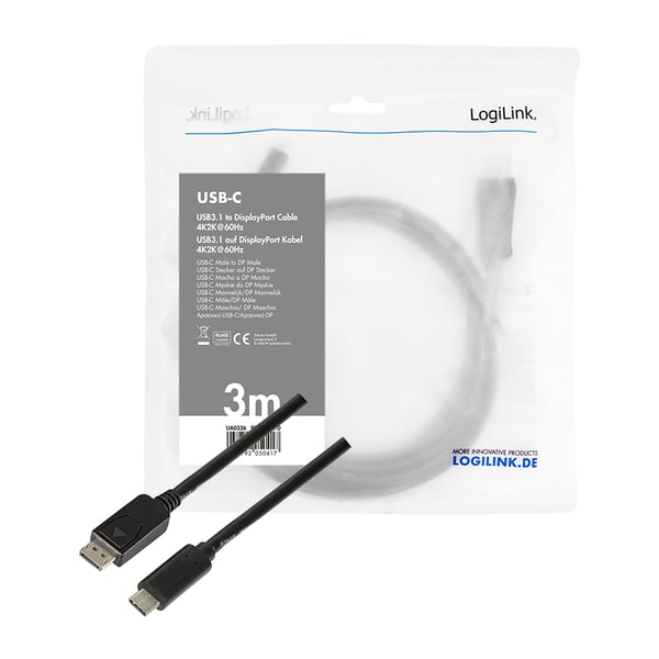 LogiLink UA0336 videokaapeli-adapteri 3 m USB Type-C DisplayPort Musta