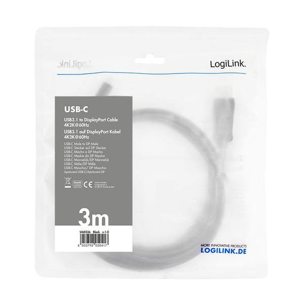 LogiLink UA0336 videokaapeli-adapteri 3 m USB Type-C DisplayPort Musta