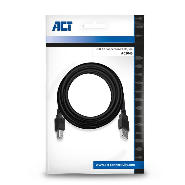 ACT AC3045 USB-kabel USB 2.0 5 m USB A USB B 0,48 Gbit/sek. Sort