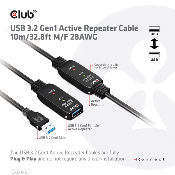 CLUB3D CAC-1405 USB-kaapeli USB 3.2 Gen 2 (3.1 Gen 2) 10 m USB A 5 Gbit/s Musta