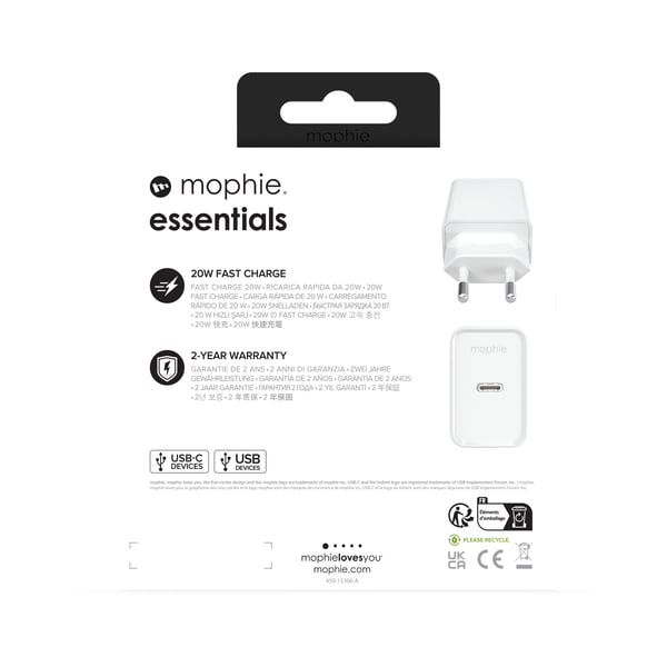 mophie essentials 20W USB-C PD wall adapter Universaali Valkoinen AC Pikalataus Sisätila