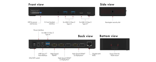 ICY BOX IB-DK2246AC Langallinen USB 3.2 Gen 2 (3.1 Gen 2) Type-A Musta
