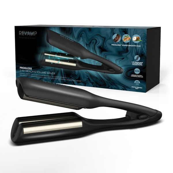 Revamp Progloss 2-in-1 Beach & Volume Waver Krøllejern Varm Sort 3 m