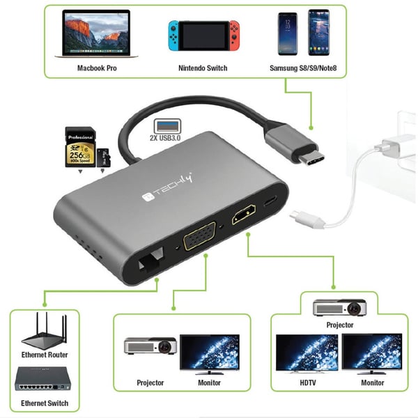 Techly IADAP USB31-DOCK3 interface-kort/adapter HDMI, RJ-45, USB 3.2 Gen 1 (3.1 Gen 1), VGA