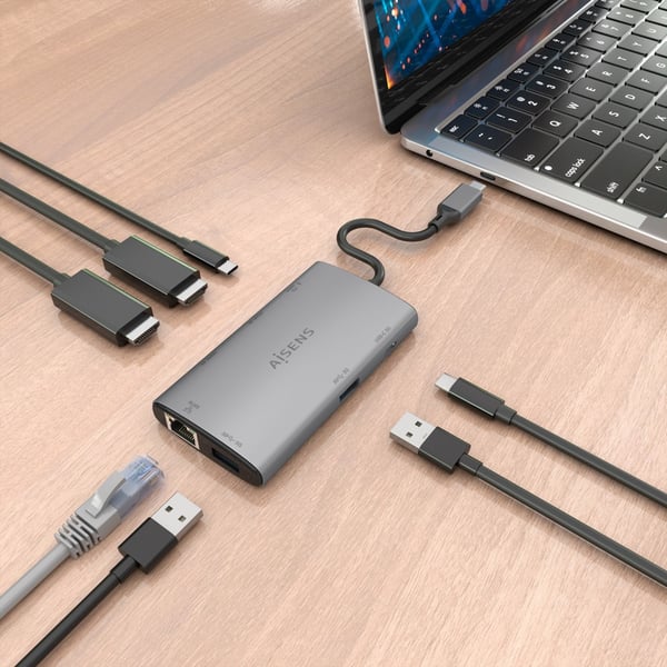 AISENS ASUC-7P049-GR kannettavien tietokoneiden telakka ja porttitoistin Langallinen USB 3.2 Gen 1 (3.1 Gen 1) Type-C Harmaa