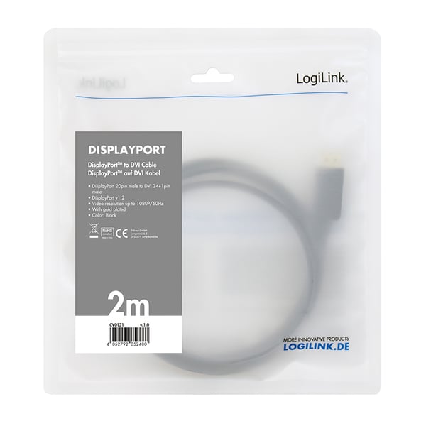 LogiLink CV0130 videokabel adapter 1 m DisplayPort DVI Sort