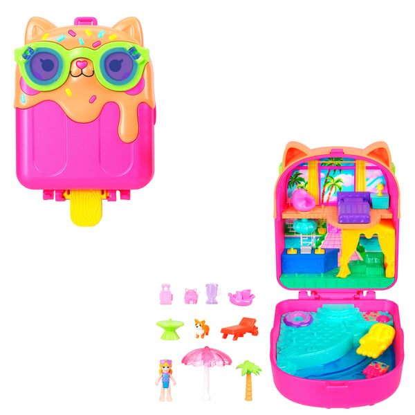 Polly Pocket Kitty Popsicle Resort-æskelegesæt med 1 mikrodukke og hundehvalp, rejselegetøj med tematilbehør